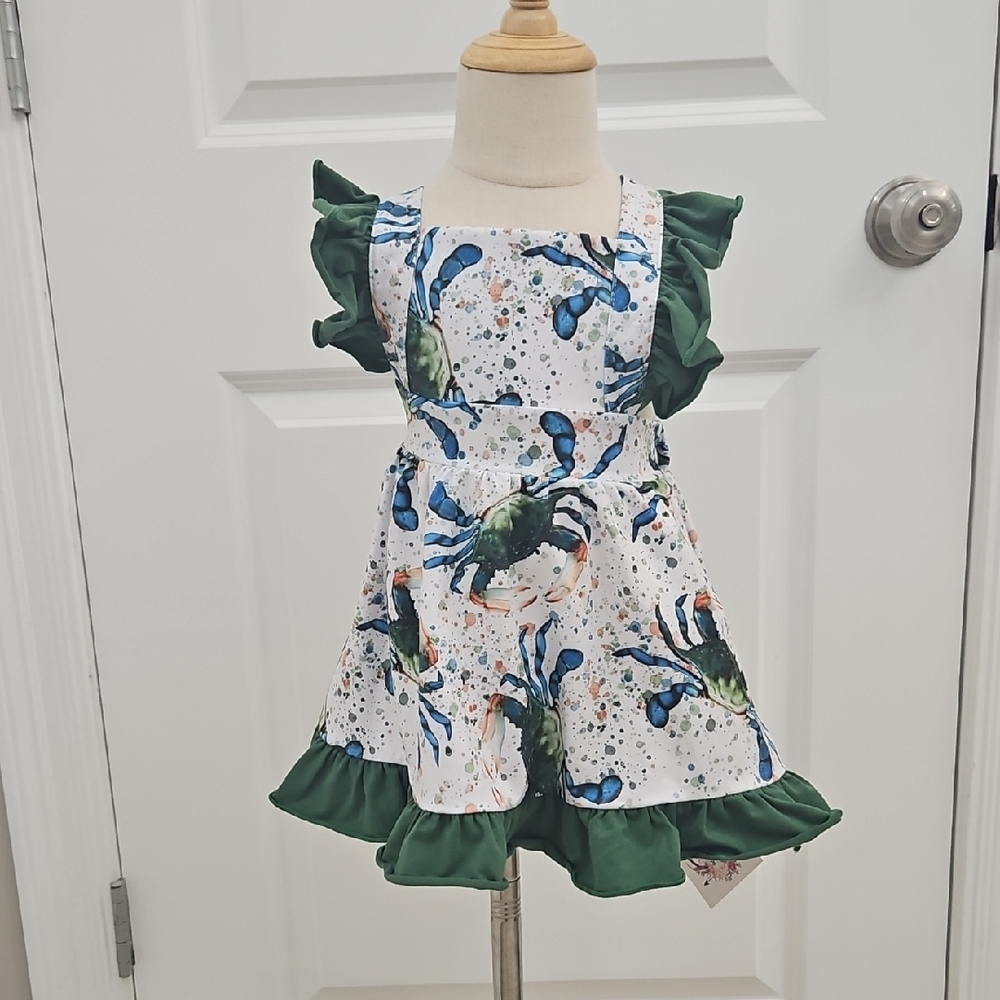 Playful Green and White Kids Dress with Crab Design